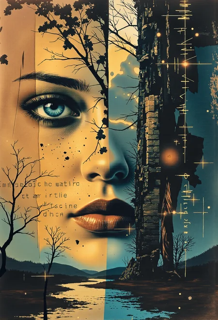 A surreal digital artwork featuring the striking, close-up portrait of a woman's face merged with a haunting landscape. Her expressive teal-blue eyes dominate the composition, gazing intently with a sense of mystery. Her face is textured as though weathered, blending seamlessly with abstract brushstrokes and splashes of vibrant yellow and deep blue, evoking both beauty and decay. The right side of the frame captures detailed ruins of an old, crumbling building, silhouetted against a glowing, amber-hued sky. Bare, skeletal trees stretch upward, while scattered glowing orbs and geometric patterns weave through the scene. Faint text fragments and glyph-like symbols hover in the background, as if etched into the air, adding layers of intrigue to the dreamlike fusion of realism and abstraction. The lower section of the artwork reveals a tranquil yet ominous river reflecting the glowing sky, with small silhouettes of distant structures and sparse, barren landscapes. The composition is divided by a stark contrast of vibrant, fiery highlights and deep, shadowy blues, adding depth and drama. The shimmering text fragments appear to ripple subtly, as if responding to the ethereal light and movement, enhancing the enigmatic, moody atmosphere of the scene. <lora:boFLUX AbstractMorph.safetensors:0.85>, <lora:boFLUX digital-abyss.safetensors:1.0>, <lora:lith_mimosa_kiel_grw134_FLUX.safetensors:0.7>, <lora:Glitchcore_Flux.safetensors:0.4>,