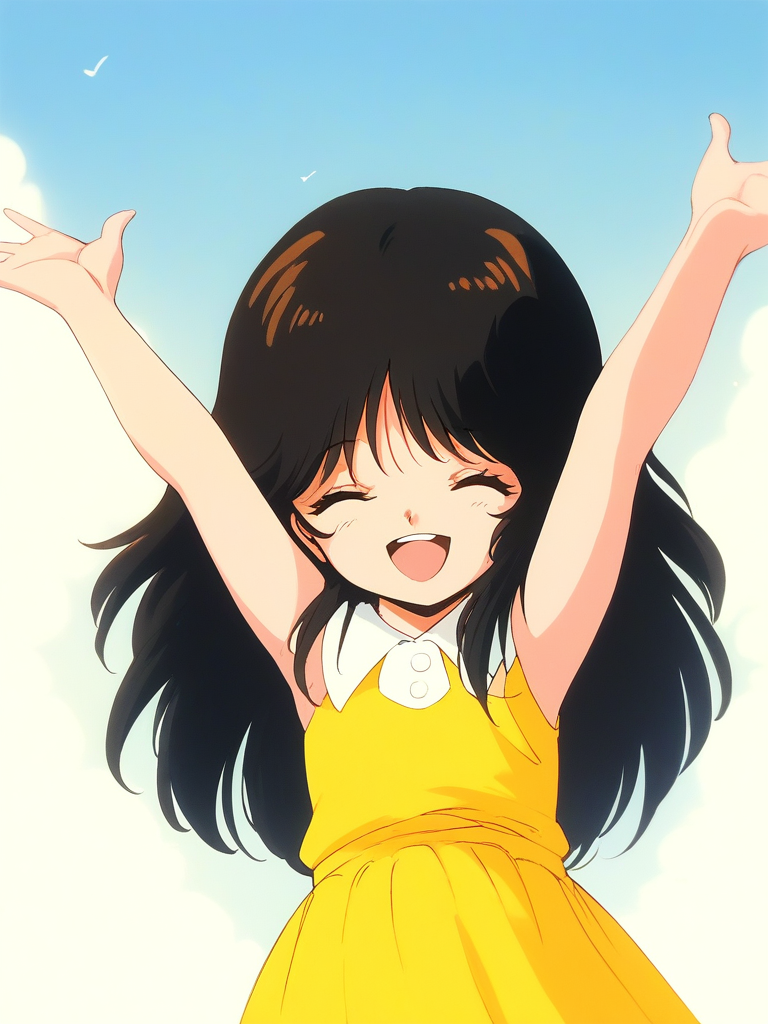 score_9, score_8_up, score_7_up, source_anime, rating_explicit, BREAK  <lora:NonomuraAmi_BeMybaby_Ver2.0_XL:1> NonomuraAmi, long hair, black hair, brown hair, flat chest,, closed eyes, bangs, short stack,
1girl, solo, fruit,   outstretched arms,   sky, smile,  long hair, spread arms, Yellow skirt, white sleeve, sleeveless,
smile, open mouth,
looking at viewer, 
cowboyShot,