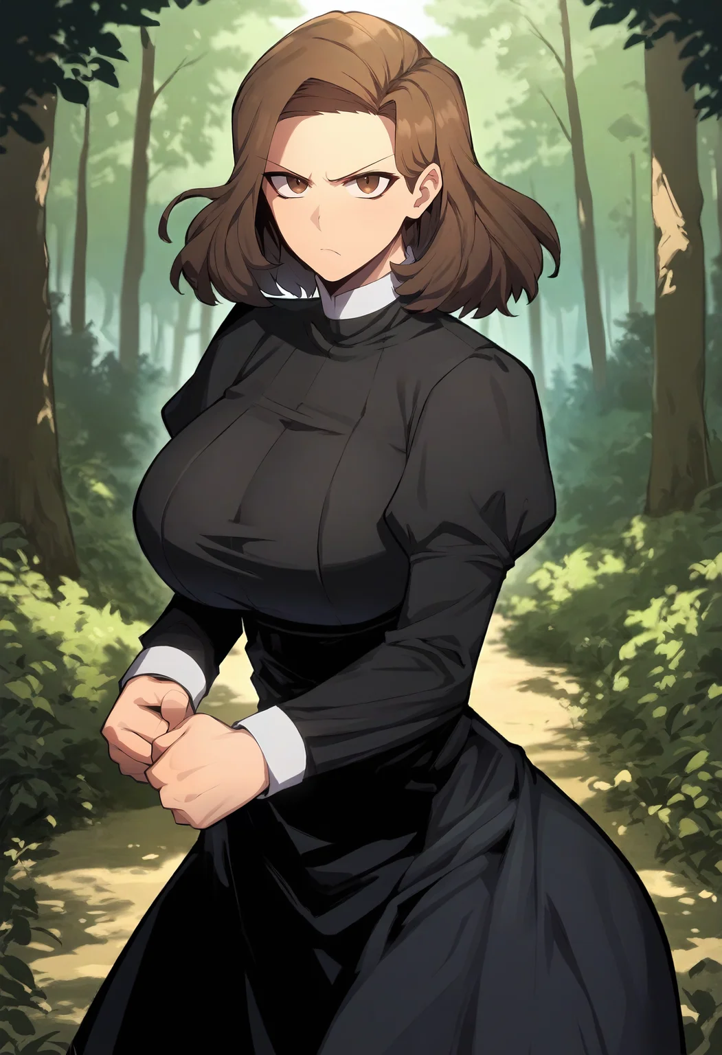 score_9, score_8_up, score_7_up, score_6_up, source_anime, rating_explicit, 1girl, solo, huge breasts, <lora:Gilly Mcrolan prefectPonyxl:0.9> brown hair, medium hair, brown eyes, jem, black dress, long sleeves, puffy sleeves, juliet sleeves, serious, forest, outdoors, looking at viewer, fighting stance, clenched hand