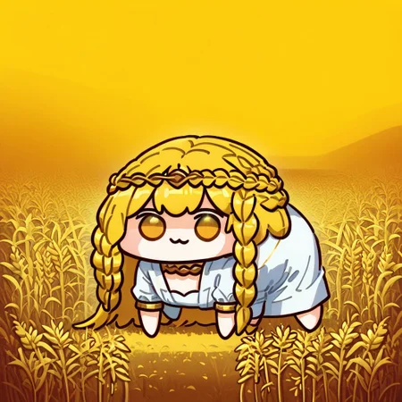 score_9, score_8_up, score_8, ais-ghostly,((1 miquella,blonde hair,cute,crown braid,multiple braids,yellow eyes,white robe,smile,closed mouth,gold armlet,circlet,kenbis, chibi,doro, creature, :3, chibi))
BREAK,
(evil looking:1.2),(wheat fields:1.2),sunflowers,tall wheat fields