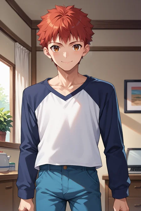 score_9, score_8_up, score_7_up, score_6_up, source_anime, solo, 1boy, bishounen, Emiya Shirou, red hair, brown eyes, spiked hair, blue pants, collarbone, long sleeves, white shirt, raglan sleeves, indoors, smile <lora:EmiyaShirouPony:1>