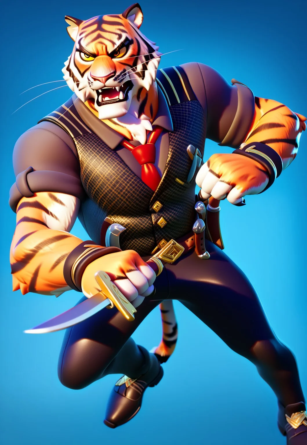 score_9, score_8_up, score_7_up, score_6_up, score_5_up, score_4_up, source_furry, hi res, plain blue background, dynamic angle, Oscar, Tiger, Vest, Black Collared Shirt, Red Tie, Black Pants, Gun Belt, Black Shoes, muscular, yellow eyes, yellow sclera, angry, open mouth, looking away, anthro, male, holding knife, getting ready to fight, action pose, dynamic pose, perfect anatomy