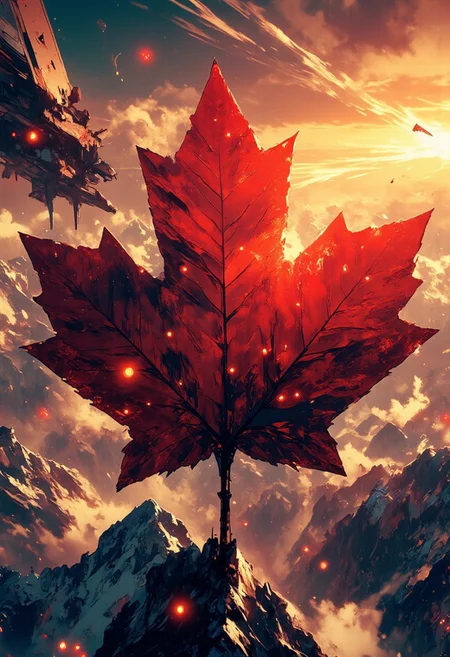 . Tectonic Maple Shield
"Mh1$AgThS2
Canada rises from Earth's surface in dramatic relief, its borders extruded upward as a three-dimensional maple leaf of impossible height. The territories appear as tectonic plates shifting in slow motion, with the Canadian Shield elevated highest—a crimson fortress rising 100 kilometers into the atmosphere. The Rocky Mountains form jagged serrations along the western edge, casting long shadows across British Columbia as the setting sun strikes their peaks. A massive meteor approaches from the Pacific, its fiery tail creating lens flares that streak across the frame while defense lasers from the elevated Arctic territories converge to intercept it. The scene is captured from a 45-degree orbital inclination with a wide-angle lens that encompasses all of North America, emphasizing how Canada's extruded form dominates the continent.
The entire composition bathes in the golden light of sunset striking the elevated maple leaf nation, creating a metallic sheen across its crimson surface.
Thin border of tectonic pressure readings showing geological stress points on an epic border background."