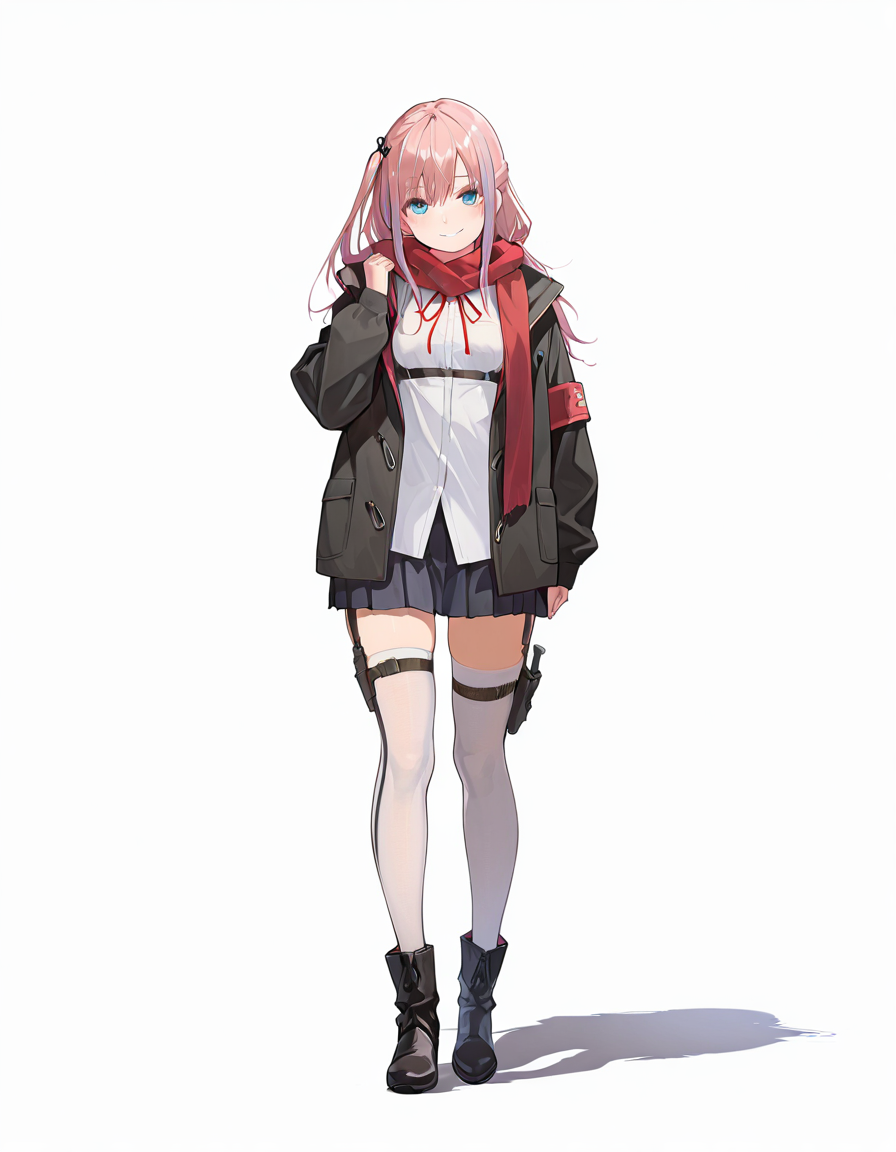 Volumetric Lighting, (masterpiece), (best quality), (ultra-detailed), masterpiece, source_anime, score_9, score_8_up, score_7_up BREAK, illustration, disheveled hair, detailed eyes, perfect composition, moist skin, intricate details BREAK, pink hair, blue eyes, long hair, one side up,streaked hair, small breast BREAK, LiteraryGirl, LG_shirt. LG_shirt_strap, scl_neck_ribbon, one side up,LG_scarf, LG_hooded_jacket, LG_hair_ornament, LG_shirt, LG_thighhighs, LG_skirt, LG_thigh_strap, LG_thigh_holster, LG_boots BREAK, ((white background)), looking at viewer,smile,full body, shadow, standing
