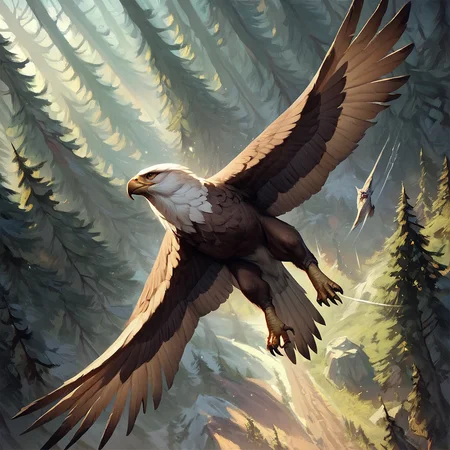 score_9, score_8_up, score_7_up, score_6_up, score_5_up, score_4_up,feral, eagle flying, feathered tail, action,outdoors, pursuit, forest, from above,<lora:Anthro_birds-000018:0.8>