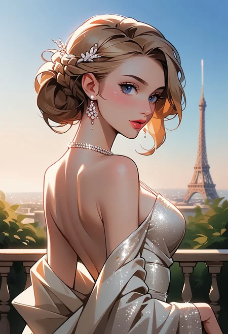 score_9, score_8_up, score_7_up, score_6_up, 1girl,  <lora:bg4XLP:0.8> bg4, French braid, close up, candid, Parisian balcony, Paris skyline, elegant, sparkling, dress, necklace, large boobs, pendant, round butt, outdoor wedding,