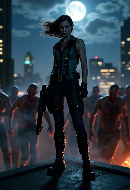perfection style, highly detailed, 8k, Jill Valentine stands on the rooftop of a towering skyscraper at night, her posture alert and ready for action. The city skyline is visible in the background, bathed in the glow of moonlight and distant fires. Around her, an ominous horde of the infected shuffles closer, their grotesque figures casting long shadows on the concrete. Jill's determined gaze and battle-worn uniform contrast the chaos, her weapon gripped tightly as she prepares to face the overwhelming danger. Wind sweeps through, adding a sense of urgency to the scene.