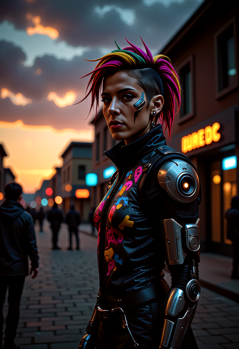 avantgardepunk style. Cutting-edge fusion of art, music, fashion, and technology featuring bold, colorful patterns, distorted proportions, abstract shapes, augmented mechanical enhancements. Include punk-inspired hairstyles, makeup, accessories, and an atmosphere of creativity and rebellion. at sunset, a cyberpunk_2077 person stands proudly outside a futuristic D&G-style boutique, sleek carbon fiber mechanical arms, atmospheric perspective, hairstyle a riot of colorful spikes and dye, augmented enhancements visible, glowing circuits and fiber-optic strands and LEDs of pulsing with energy, and explosion of creative chaos, vibrant colors and bold outlines, style of Wayne Barlowe meets Jean-Paul Goude  <lora:flux_trainer/avantGardePunk_v1.safetensors:1.0>,   <lora:art and styles/MysticFantasy.safetensors:1.0>,  <lora:Fluxartis 28.11A.safetensors:1.0>, ,