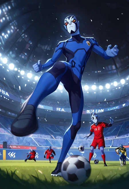 masterpiece, best quality, amazing quality, very aesthetic, absurdres, newest,
<lora:rook-10:1> rook, male focus, colored skin, alien, 1boy, yellow sclera, blue skin, white face, , red eyes, pointy ears, 
 blue bodysuit, armor, 
dynamic pose, fifa, soccer, football, raunning, kicking ball, soccer ball, crowd, football stadium, soccer stadium, brazil soccer uniform, foreground blur,