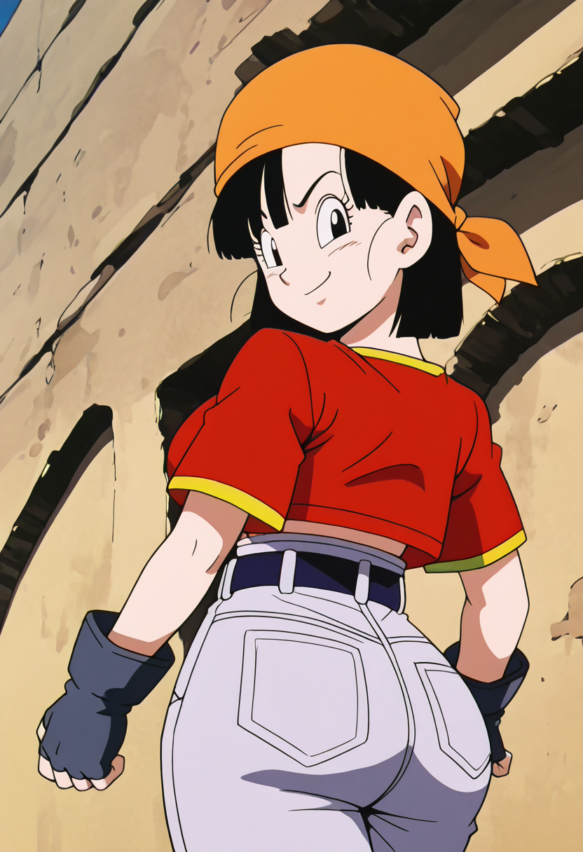 masterpiece, best quality, solo, curvy, beautiful eyes, aged up, large breasts, narrow waist, wide hips, 1girl, solo, smile, looking at viewer, foreshortening, close up,    zzPan, black hair, short hair,  bandana, fingerless gloves, red shirt, denim jeans,   ,<lora:PanDBGT_IXL:1.0>,over the shoulder, cowboy shot, smirk, looking back,  looking at viewer,
