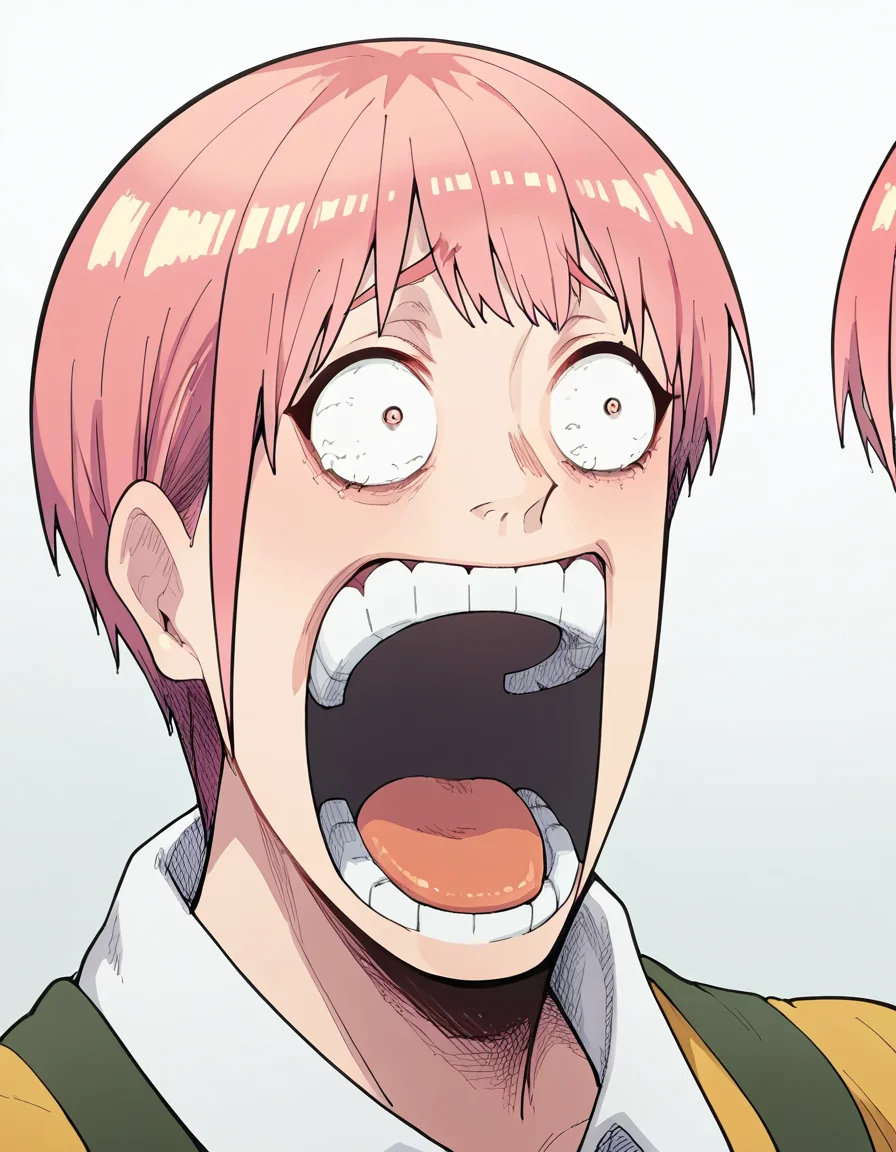 score_9, score_8_up, score_7_up, source_anime, <lora:ichika-nakano-s2-ponyxl-lora-nochekaiser:1>, ichika nakano, short hair, bangs, pink hair, pixie cut, mature female, large breasts, <lora:enel-face-ponyxl-lora-nochekaiser:1> enel face, open mouth, wide-eyed, teeth, tongue,, , ,