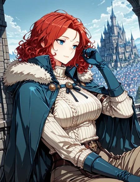 <lora:Alicia_Termina_Magentano__The_Greatest_Estate_Designer:1>
1 girl, solo, red hair, blue eyes, medium hair, curly hair,
sweater, ribbed sweater, fur trim, turtleneck sweater, blue gloves, cape
masterpiece, best quality,high quality, newest, highres,8K,HDR,absurdres, score_9, score_8_up, score_7_up, very aesthetic, source_anime, detailed, high quality, beautiful, masterpiece, detailed eyes, castle, village, blurry background, cityscape, pose dynamic angle, light smile, open mouth, hand on hair, sitting, <lora:iLLMythG0thicL1nes:1> , <lora:Eyes_High_Definition:1>