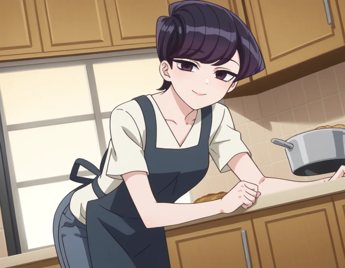 score_9, score_8_up, score_7_up, source_anime,
shuukokomi, <lora:shuuko-komi-s1s2-ponyxl-lora-nochekaiser:1>,
shuuko komi, short hair, black hair, black eyes, half-closed eyes,
shirt, white shirt, short sleeves, pants, apron, denim, jeans, blue apron,
indoors, kitchen, bent over, smile,
looking at viewer, cowboy shot, dutch angle, solo,