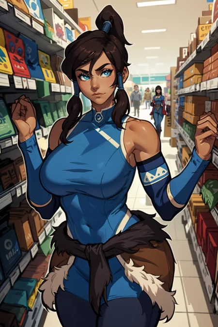 1girl, (solo:1.2), (masterpiece:1.2), (best quality:1.2)
<lora:Eigaka [MockAi - v1.0]:0.8> eigaka, (large breasts:1.4), curvy, voluptuous
(cowboy shot:1.5), (shopping:1.4), grabbing an item from the shelf, (interacting with her surroundings:1.35), (attentive:1.2), <lora:Korra [Konan - v2.0]:0.8> korra, long hair, (brown hair:1.2), black hair, blue eyes, ponytail, dark skin, dark-skinned female, topknot, (hair tubes:1.4), fur-trimmed jacket around waist, (blue halterneck top:1.3), armlet, vambraces, (bare shoulders:1.3), (arm_warmers:1.3), sleeveless