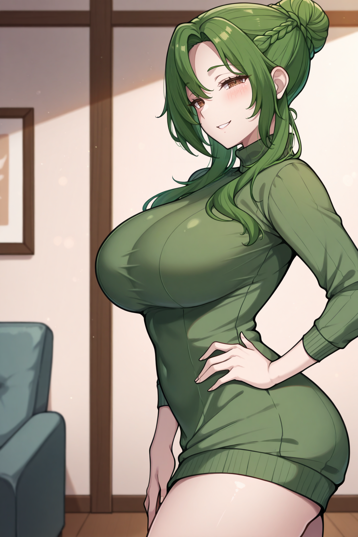masterpiece, best quality, 1girl, solo, <lora:feelincia-illu-nvwls-v1-000006:1> ogElincia, green hair, hair bun, long hair, braid, brown eyes, big breasts, green turtleneck sweater, sweater dress, thighs, from side, hand on hip, looking at viewer, smile, half-closed eyes, blush, living room