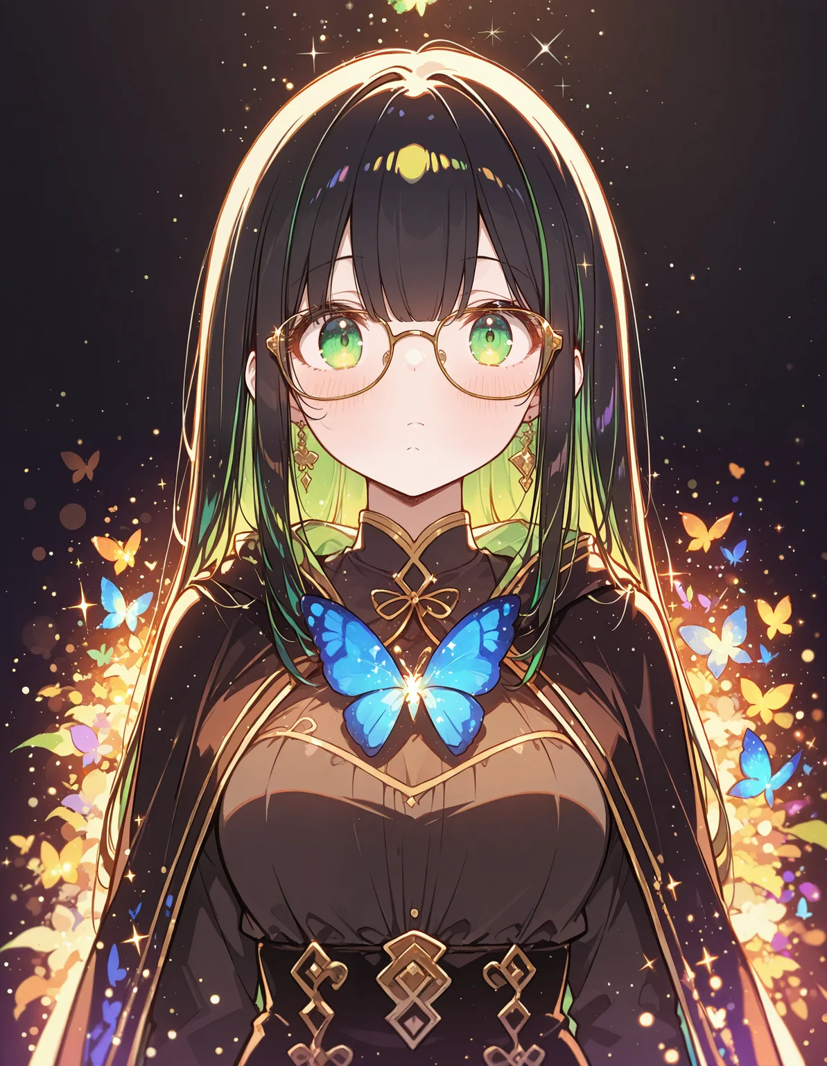 masterpiece, best quality,high quality, newest, highres,absurdres,Bright_illu,sparkle,sparks,light particles, 1girl, solo, butterfly, looking at viewer, bug, black hair, green eyes, blush,long hair, multicolored hair,rond glasses, shirt, cape, two-tone hair, blue butterfly, straight hair, colorful,black background, closed mouth,see-through,bright ,<lora:Bright_style:1>,dark_theme,bokeh,