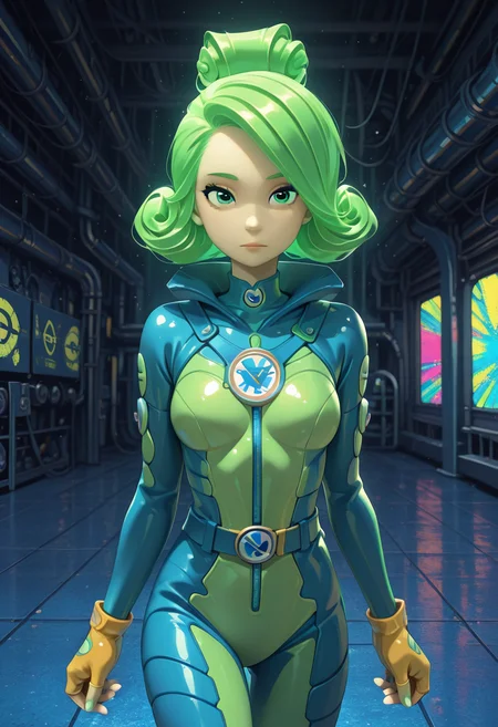 Graphic Design, color art, vibrant colors, colorful, intricate details, high contrast, detailed background, beautiful detailed, beautiful face, detailed eyes, detailed face, new, 1girl. solo, v3rt4, green hair, green eyes, bodysuit, gloves, fingerless gloves, belt, factory, cowboy shot, looking at viewer, dynamic pose, (masterpiece, best quality, newest, recent, absurdres),