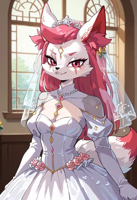 score_9, score_8_up, score_7_up, masterpiece, detailed, digital art, D1girl, Kimikoxl, anthro, fox girl, white fur, pink hair, animal ears, animal nose, pink eyes, face markings, eye scar, smirk, wedding holographic dress, wedding dress, xingyun, binggan