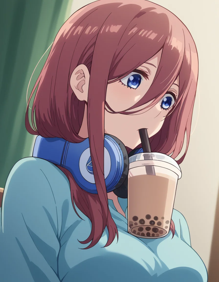score_9, score_8_up, score_7_up, source_anime, mikunakano, <lora:miku-nakano-s1-ponyxl-lora-nochekaiser:1>, miku nakano, long hair, bangs, blue eyes, brown hair, hair between eyes, headphones, headphones around neck,, <lora:bubble-tea-challenge-ponyxl-lora-nochekaiser:1>, bubble tea challenge, bubble tea, object on breast, drinking straw, drinking straw in mouth, drinking, cup,, indoors, sitting, looking down,, cowboy shot, dutch angle,