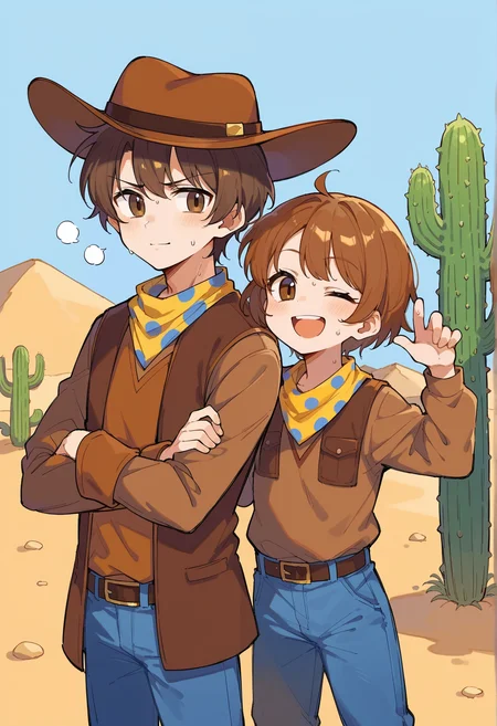 1girl, 1boy, outdoors, desert, cactus, sweat, 1boy, serious, crossed arms, brown hair, short hair, brown eyes, cowboy hat, Bandana Around Neck, polka dot, brown shirt, long sleeves, vest, belt, jeans
BREAK
1girl, 1boy, outdoors, desert, cactus, sweat, 1girl, smile, wink, brown hair, short hair, brown eyes, cowboy hat, Bandana Around Neck, polka dot, brown shirt, long sleeves, vest, belt, jeans
<lora:Clover_Undertale:1>, score_9, score_8_up, score_7_up, score_6_up, score_5_up, score_4_up, BREAK source_anime, masterpiece