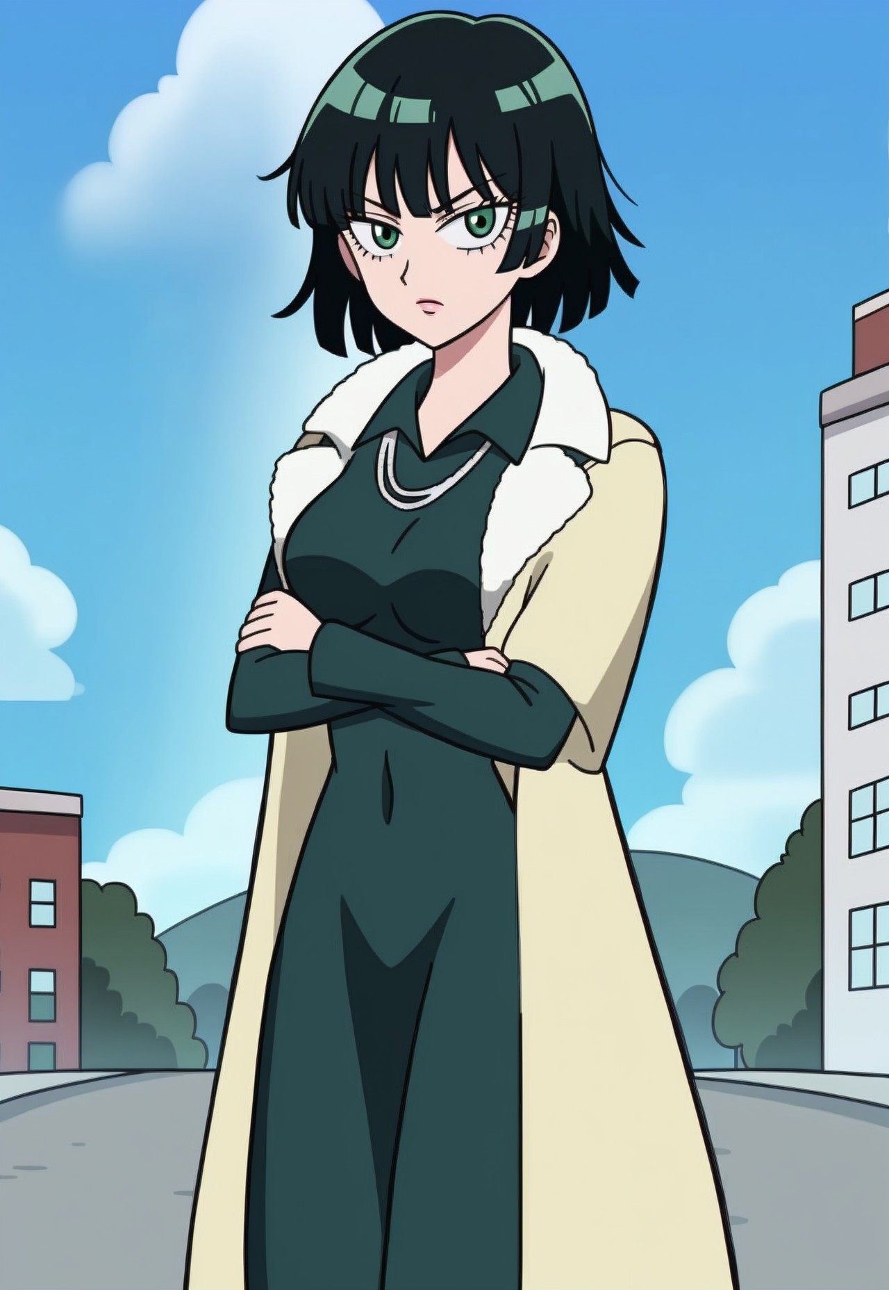 svtfoe_style, FUBUKI_(ONE_PUNCH_MAN), 1girl, solo, breasts, looking at viewer, short hair, black hair, dress, green eyes, jacket, outdoors, sky, day, black dress, blue sky, coat, crossed arms, building, jacket on shoulders, fur coat,