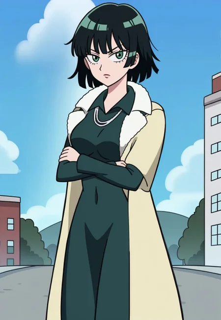 svtfoe_style, FUBUKI_(ONE_PUNCH_MAN), 1girl, solo, breasts, looking at viewer, short hair, black hair, dress, green eyes, jacket, outdoors, sky, day, black dress, blue sky, coat, crossed arms, building, jacket on shoulders, fur coat,