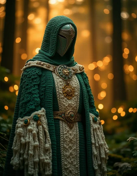 A regal sorceress adorned in exquisitely crocheted robes in the ral-kntarmr style, crafted with intricate lace-like patterns and textures. Her flowing gown features shades of deep emerald green, gold, and soft cream, with delicate crocheted details forming ornate magical symbols and layered accents. Her headpiece, also crocheted, resembles an elegant crown with fine, intricate loops and floral motifs. She stands in a mystical forest illuminated by warm golden light, surrounded by glowing runes and shimmering threads of magic, blending seamlessly with the enchanting atmosphere
<lora:ral-kntarmr-flux-000007:1>