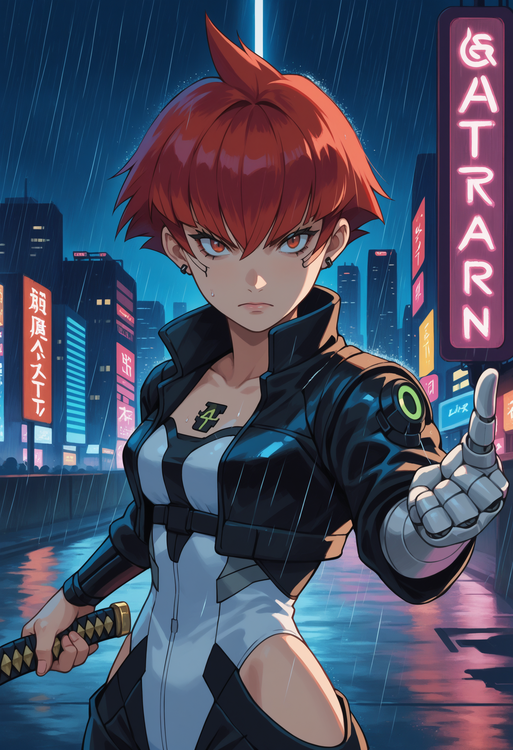 score_9, score_8_up,score_7_up, source_anime, 1girl, solo, EPGingadanMars, red eyes,  short hair, red hair,
cyberpunk, neon lights, katana, black leather jacket, cybernetic arm, cityscape, rain, night, glowing tattoos, piercings, combat stance, fierce, dystopian, high-tech, futuristic, visor, street fight
<lora:Mars_pdxl_EliPot:1>