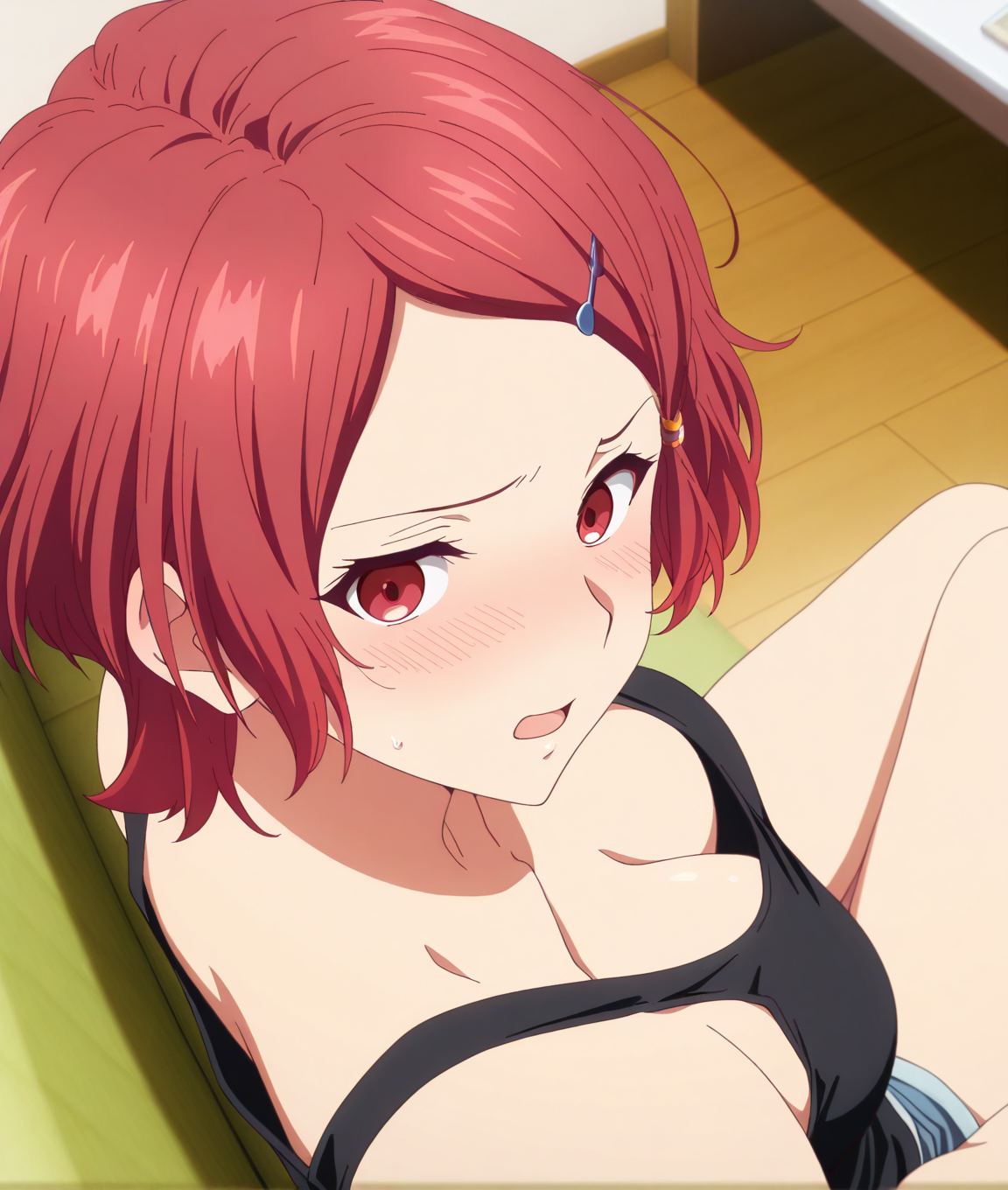 masterpiece, best quality, amazing quality, detailed, anime coloring, <lora:Koito_Minase_LW:0.8>, Koito_Minase_LW, anime screenshot, short hair, red hair, hairclip, red eyes , 1girl, solo, mature female, 
<lora:over-the-shoulder_perspective:0.8>, over-the-shoulder_perspectiveV1, pov, sitting, tank top, medium breasts, cleavage, mouth open, shy