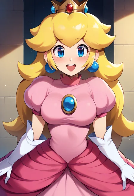 score_7_up, hd, (ultra hd quality details), indoors,
solo, 1girl, princess peach, crown, medium breasts,
crown, dress, gem, gloves, pink dress, puffy short sleeves, puffy sleeves, short sleeves, white gloves,
looking at viewer, blush, open mouth, teeth, smile,
standing,
<lora:_konpeto_style-elesico-pony:1> <lora:princess-peach-ponyxl-lora-nochekaiser:0.9>