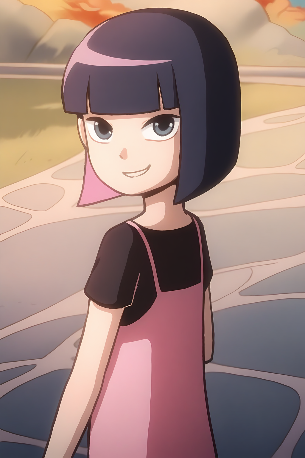 <lora:kele:1>,kele,1girl,solo,black eyes,blue eyes,short hair,two-tone hair,black hair,pink hair,colored inner hair,bob cut,blunt bangs,shirt,t-shirt,black shirt,pink shirt,short sleeves,smile,looking at viewer,, masterpiece,best quality,amazing quality,absurdres, anime screenshot, lazypos ,