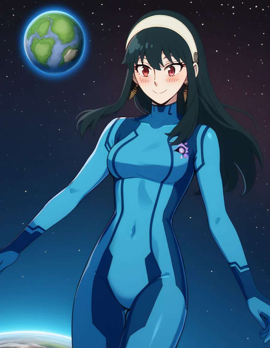 score_9, score_8_up, score_7_up, source_anime, yorbriar, <lora:yor-briar-s1-ponyxl-lora-nochekaiser:1>, yor briar, black hair, red eyes, earrings, white hairband, hairband, long hair, sidelocks,, <lora:samus-aran-cosplay-ponyxl-lora-nochekaiser:1>, samusarancosplay, samus aran \(cosplay\), blue bodysuit, bodysuit, covered navel, skin tight, zero suit,, space, planet, earth \(planet\), star \(sky\), galaxy, nebula, moon, blush, smile,, cowboy shot, dutch angle, solo,