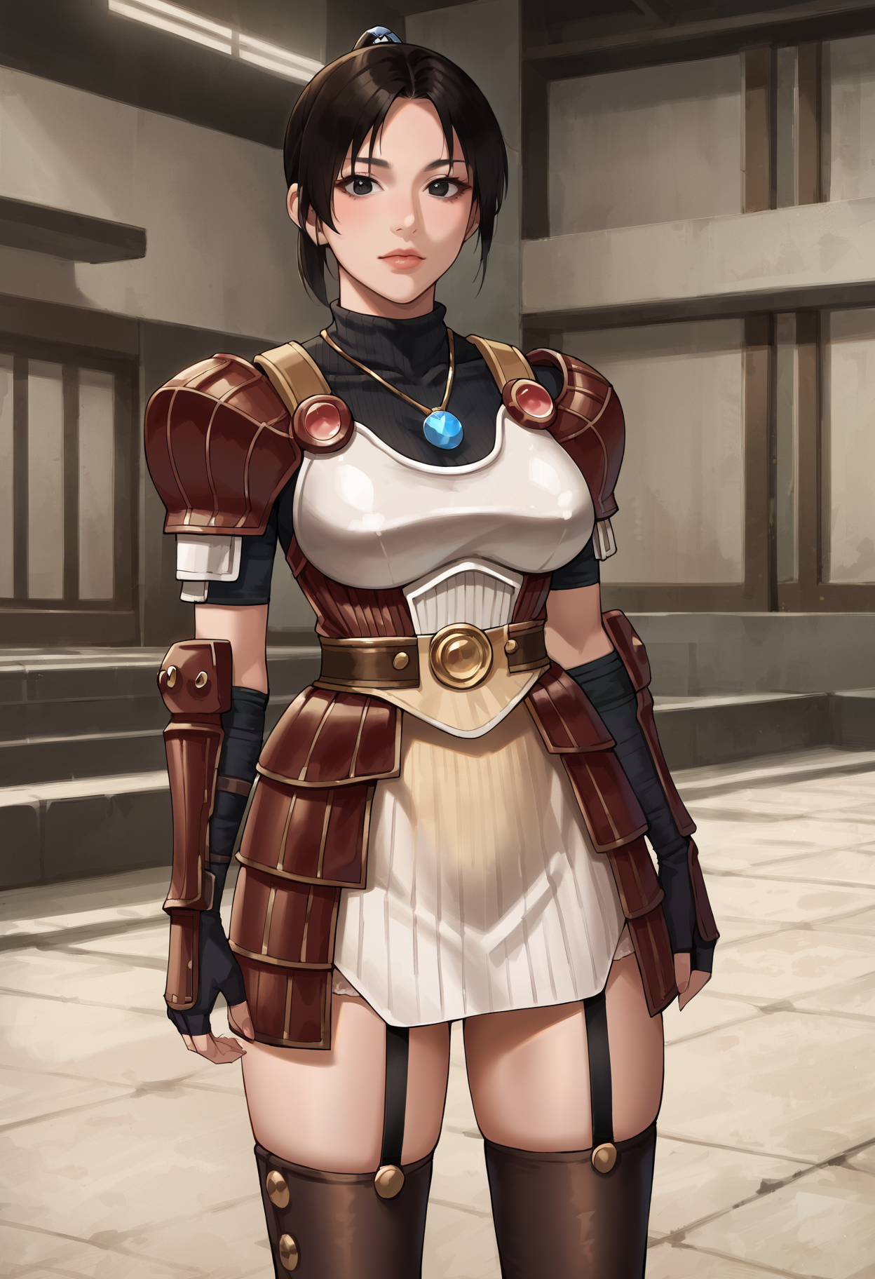 score_9, score_8_up, source_anime
1 girl, solo,
onioyu, short hair, black hair, black eyes, turtleneck, ponytail,
jewelry, pendant, blue pendant,
onioyu-plate, brown armor, scale mail skirt, breastplate, thighhighs, thigh boots, garter straps, gloves, fingerless golves, pauldrons, 
standing, looking at viewer, cowboy shot,
masterpiece, best quality, ultra detailed,