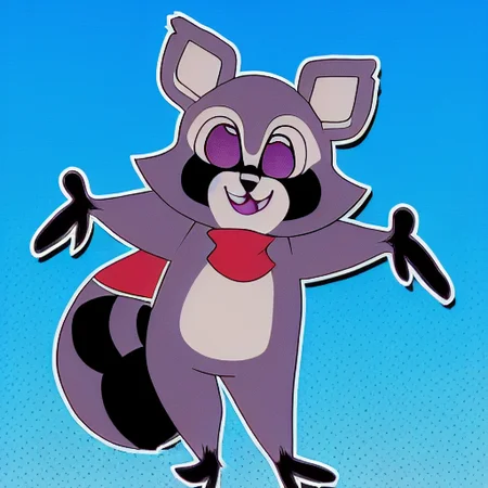 (Rambley the Raccoon), furry Male, raccoon body, full body, solo, (indigo fur:1.1), (best quality), dramatic lighting, (detailed fluffy fur:1.1), cheerful expression, big eyes, Indigo eyes, red bandanna, black striped tail, black mask-like markings around eyes, upright ears, standing, paw raised, friendly demeanor, cartoon style, (Indigo Park), abandoned amusement park background, slightly eerie atmosphere, colorful, playful pose, high resolution, (best quality), (detailed background), (dynamic pose).