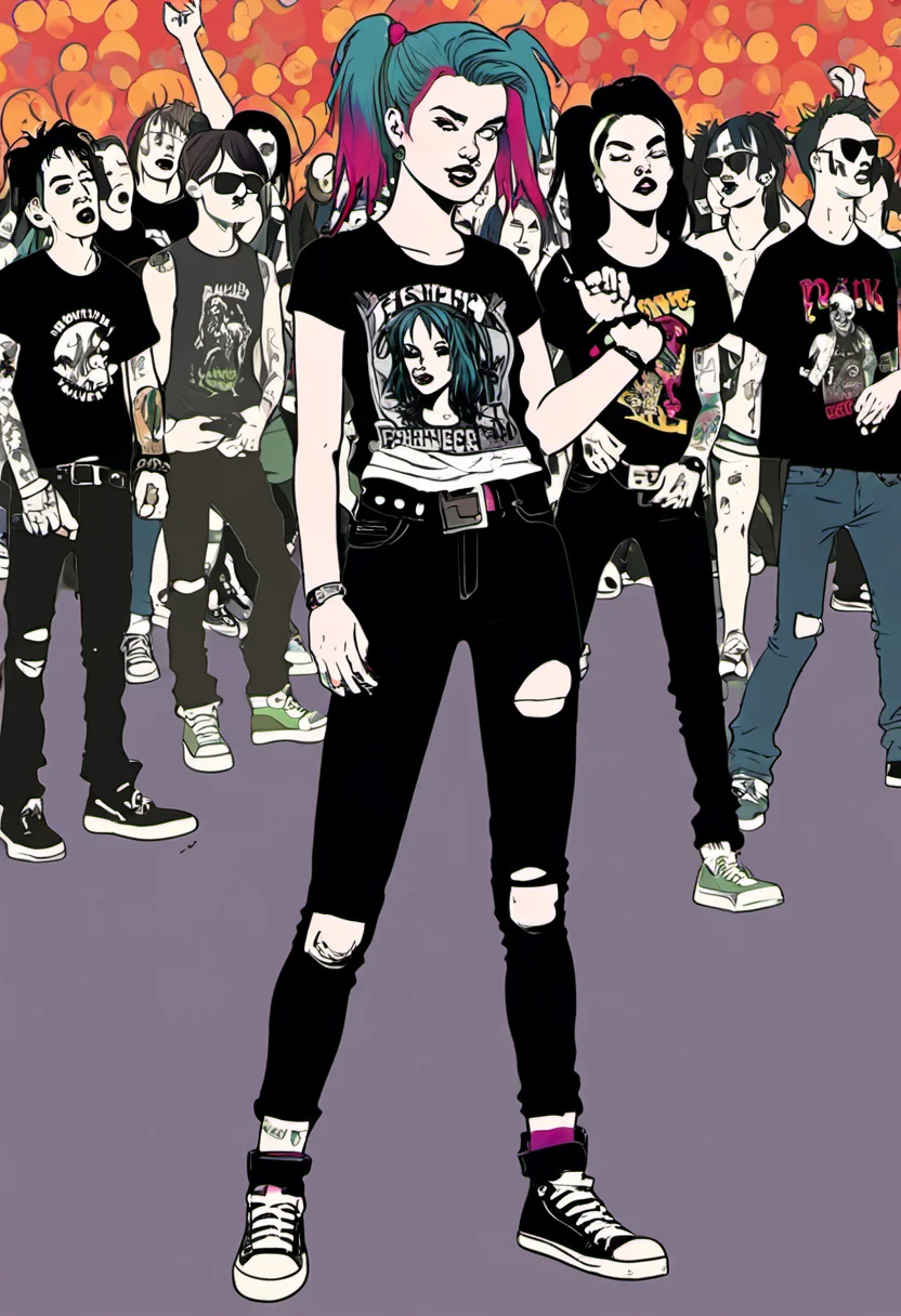 <lora:InfiniteTina:.5>A 18-year-old InfiniteTina at her first punk rock concert wearing ripped fishnets and a band tee.