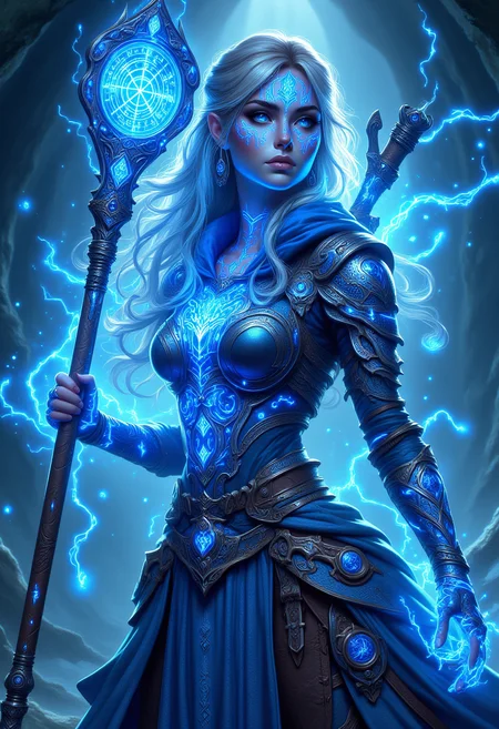 realistic scenery, ultra high quality, very detailed, a gorgeous lightnig magic sorceress wearing blue body armor and holding an blue entchanted mage battle staff, she is surrounded by a powerfull lightning aura, extreme close up, <lora:Glowing_Runes_Flux>