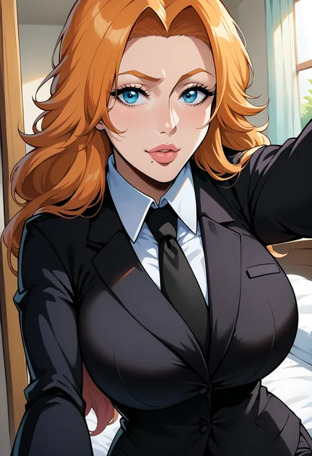 score_9, score_8_up,score_7_up, source_anime, 1girl, solo, <lora:EPblMatsumoto_epoch_4:1.0> , EPblMatsumoto, long hair, orange hair, blue eyes, large breasts, mole, mole under mouth, highhe business suit, black pants, white collared shirt, black suit, black jacket, black necktie, selfie, taking picture, mirror selfie, bedroom, bed, mirror,