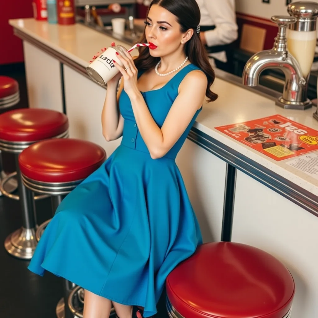 Ultra realistic, ultra detailed textures, cinematic, cinematic lighting, 8k, masterpiece, analog photo, rockabilly woman perched on a red leather stool at a soda fountain counter, sipping a milkshake through a striped straw. Her bright blue swing dress swirls as she adjusts her pose, and her pearl necklace catches the overhead fluorescent light. High-angle shot with a tilt-shift lens, focusing on her playful expression and the shimmering chrome fixtures of the soda fountain. The background softly blurs, evoking the innocence and charm of the era. <lora:rockabilly8x:1> r0ckb1ll1v2, r0ckb1ll1
