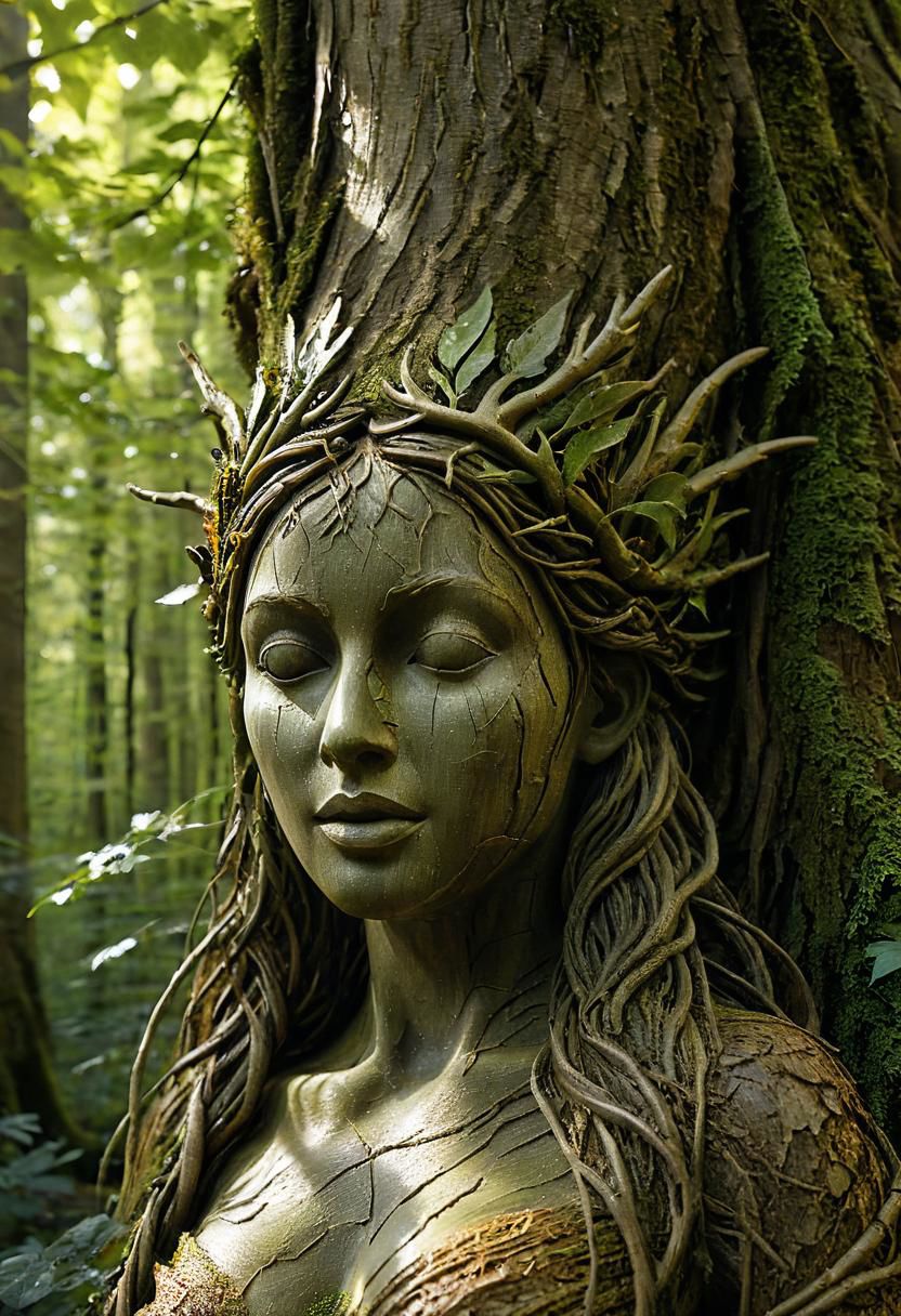 super closeup portrait, Picture a dark dystopian serene sunlit day in a dense deciduous forest, where the air is alive with the rustle of leaves. In this enchanting woodland, a naked busty woman's weathered overgrown wooden statue emerges, intricately carved from the heart of a majestic tree. The dappled sunlight caresses the delicate contours of the sculpture, casting gentle shadows that dance on the lush forest floor. Capture the magical essence of this moment, where art and nature converge in a harmonious celebration beneath the leafy canopy.