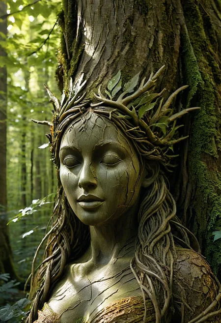 super closeup portrait, Picture a dark dystopian serene sunlit day in a dense deciduous forest, where the air is alive with the rustle of leaves. In this enchanting woodland, a naked busty woman's weathered overgrown wooden statue emerges, intricately carved from the heart of a majestic tree. The dappled sunlight caresses the delicate contours of the sculpture, casting gentle shadows that dance on the lush forest floor. Capture the magical essence of this moment, where art and nature converge in a harmonious celebration beneath the leafy canopy.