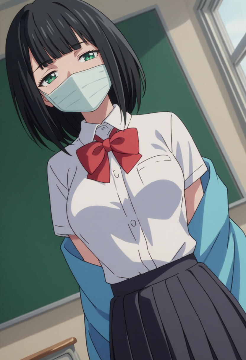 score_9, score_8_up, score_7_up, anime screencap, source_anime, 1girl, solo,
<lora:Hass_SSSS.Gridman_V2:.85>, KJOHass, black hair, streaked hair, blunt bangs, green eyes, medium hair, mouth mask, half closed eyes,
school uniform, red bow, shirt tucked in, pleated black skirt, blue blanket, 
arms behind back, head tilt, looking at viewer, Dutch angle,
classroom, 
(Beautiful, medium Breasts:1.2), natural breasts,