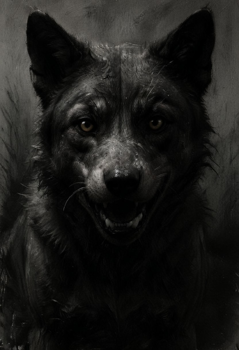 In artist style of (Gerhard Richter:1.1) and (Zao Wou Ki:1.1) and (Cy Twombly:1.1). Inspired by (Julie Mehretu:1.1) and (Jean-Marc Bustamante:1.1). Exceptional charcoal drawing of a wolf puppy attack.
(Horror:1.9) masterpiece. oppressive, frightening. (extreme close-up:1.5) illusion of perfect wolf puppy attack. (sketch:1.7), radical imperfection. only partially colored. rough and sloppy canvas. complete darkness. extreme focus white shining teeth.
wolf puppy attacking viewer. (so close that you can feel the teeth on your skin). Clean Abstraction. golden hues. demonic yellow eyes.
Outstanding composition, dynamic and vivid attack. shark bite from the complete darkness.