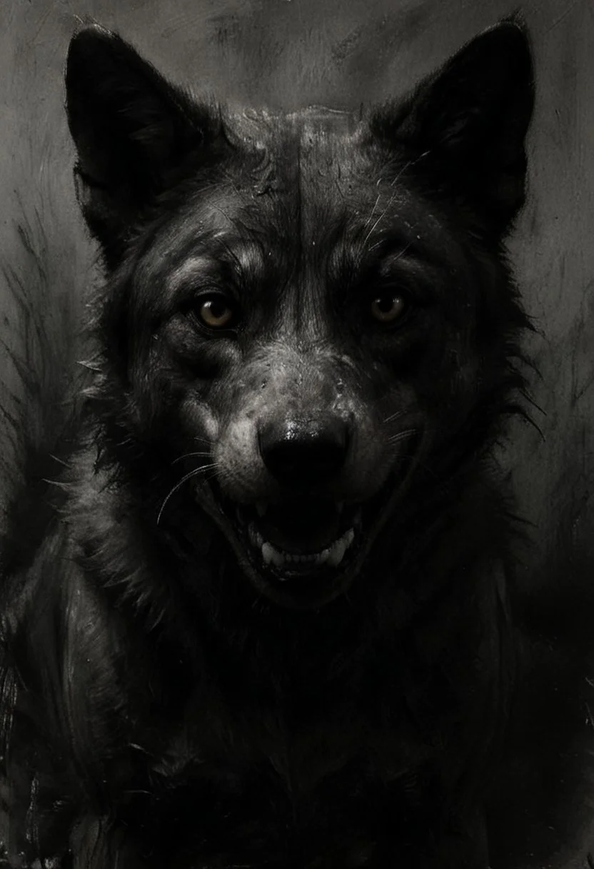 In artist style of (Gerhard Richter:1.1) and (Zao Wou Ki:1.1) and (Cy Twombly:1.1). Inspired by (Julie Mehretu:1.1) and (Jean-Marc Bustamante:1.1). Exceptional charcoal drawing of a wolf puppy attack.
(Horror:1.9) masterpiece. oppressive, frightening. (extreme close-up:1.5) illusion of perfect wolf puppy attack. (sketch:1.7), radical imperfection. only partially colored. rough and sloppy canvas. complete darkness. extreme focus white shining teeth.
wolf puppy attacking viewer. (so close that you can feel the teeth on your skin). Clean Abstraction. golden hues. demonic yellow eyes.
Outstanding composition, dynamic and vivid attack. shark bite from the complete darkness.