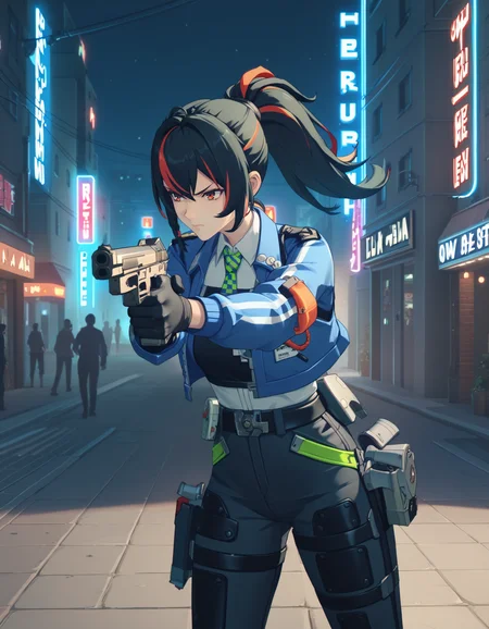 score_9,  score_8_up, score_7_up, <lora:zzz-pack-ponyxl:0.7> zhuyuan, ponytail, striped hair, cropped jacket, collared shirt, necktie, gloves, pants,
1girl, solo, handgun, aiming, dynamic, intense, glaring,
city, night, outdoors, neon lights