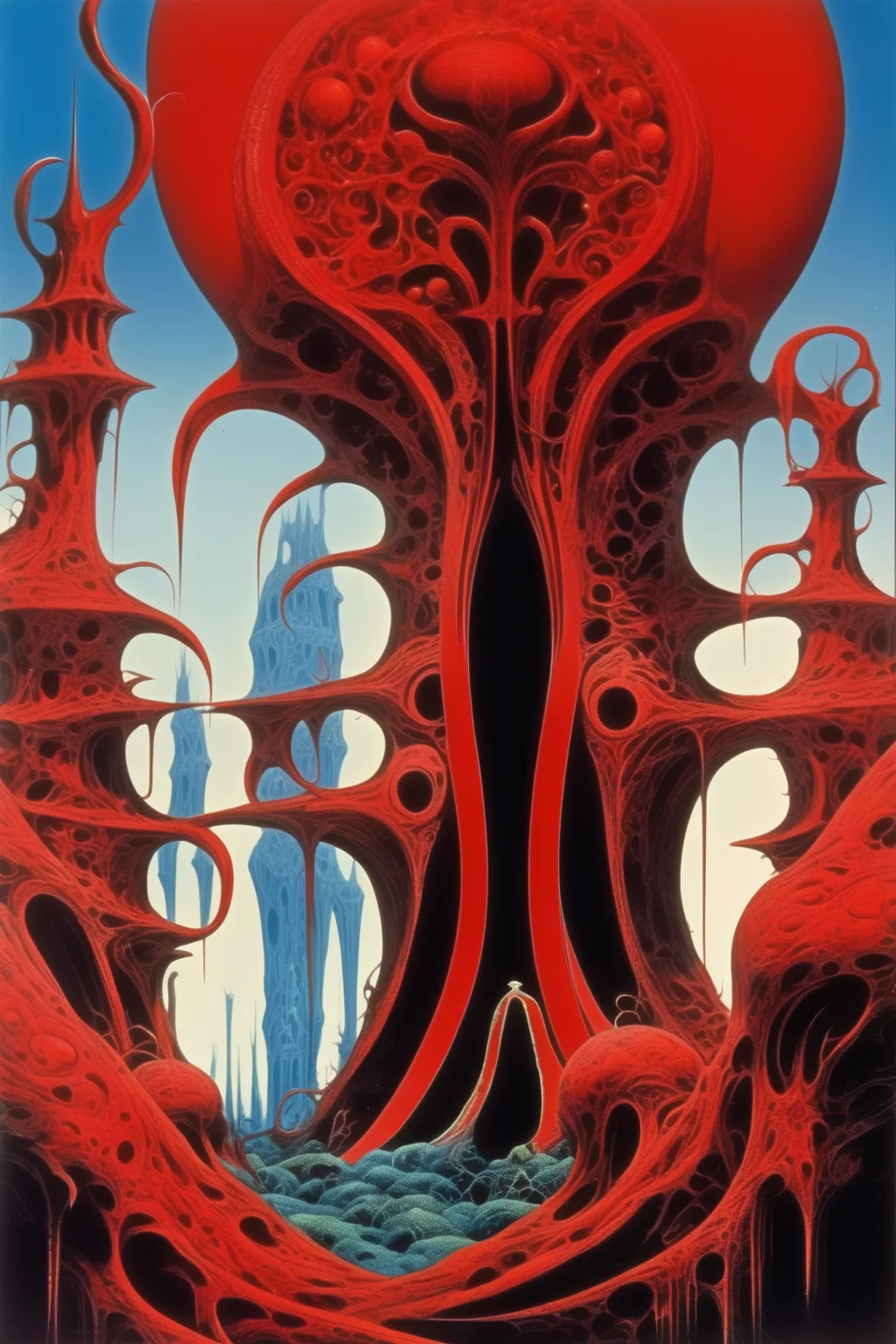 <lora:Philippe Druillet Style:1>Philippe Druillet Style - A fantastical, otherworldly Bloodmage in the style of Roger Dean