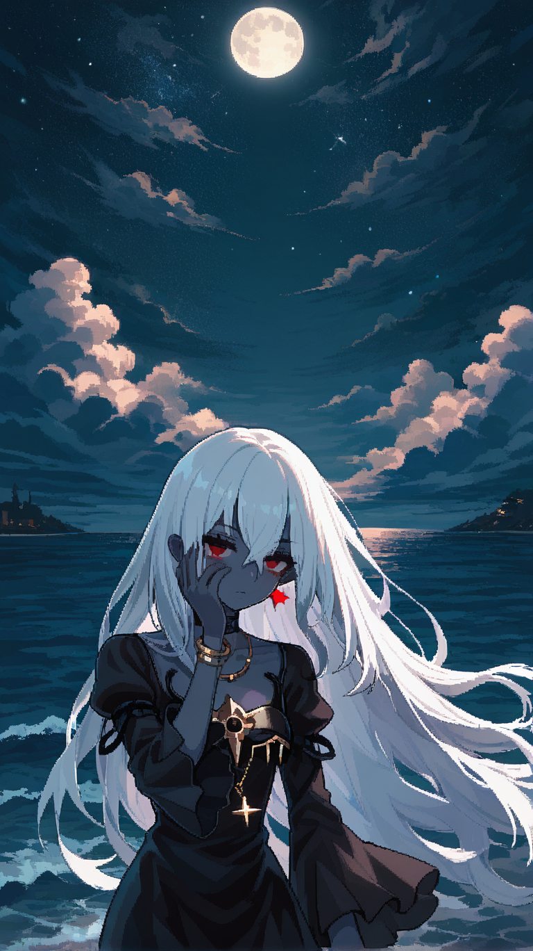 1girl, solo, long_hair, bangs, red_eyes, long_sleeves, dress, jewelry, very_long_hair, upper_body, white_hair, outdoors, sky, choker, cloud, wide_sleeves, water, necklace, black_dress, night, colored_skin, ocean, black_choker, moon, cloudy_sky, star_\(sky\), night_sky, full_moon, hand_on_own_face, starry_sky