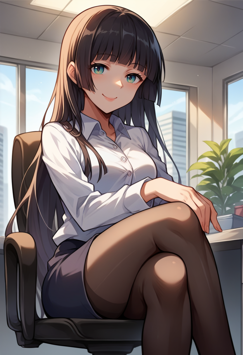 score_9, score_8_up, source_anime, 1girl, solo, SoryuinAkemi, long hair, hime cut, indoors, office lady, office chair, sitting, crossed legs, miniskirt, black pantyhose, dress shirt, smile, <lora:ChamSoryuinAkemiPonyXL:1>