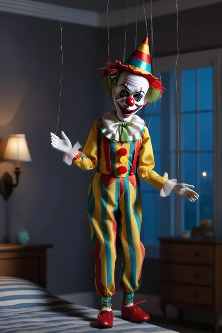 a creepy clown with hat, marionette man in bedroom at night dancing, strings <lora:marionette_lora_v2:0.8>