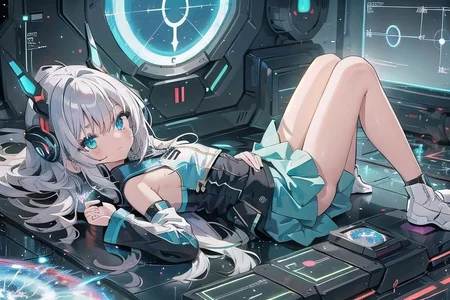 (masterpiece), (science fiction:1.4), 1girl, lying on the back on a mirror, lying on the back on a mirror, lying on the back on a mirror, smile, silver hair, aqua eyes, headgear, long sleeves, detached sleeves, glowing energy clothing, light particles, energy particles, perfect hands, perfect legs