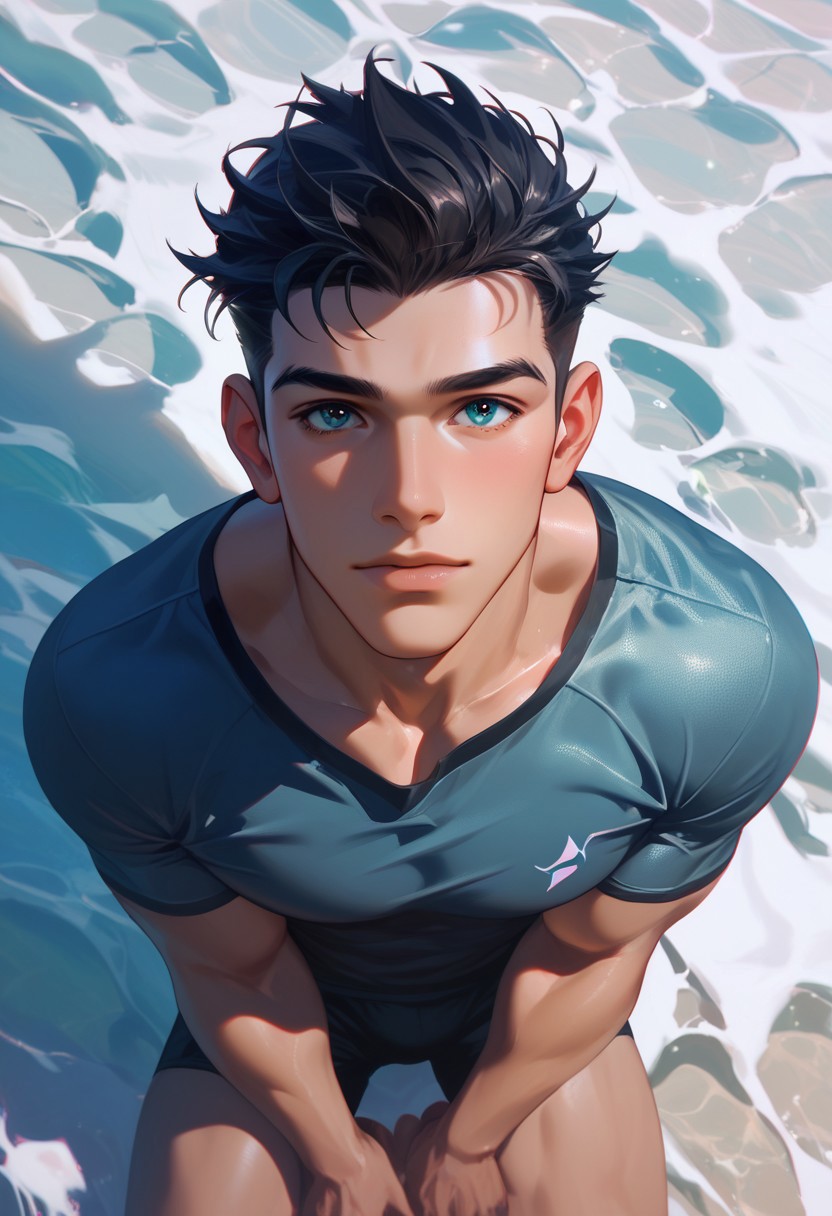 score_9, score_8_up, score_7_up, handsome man kneeling in front of viewer, looking up, from above, hopeful gaze, looking at viewer, viewer's legs visible in frame